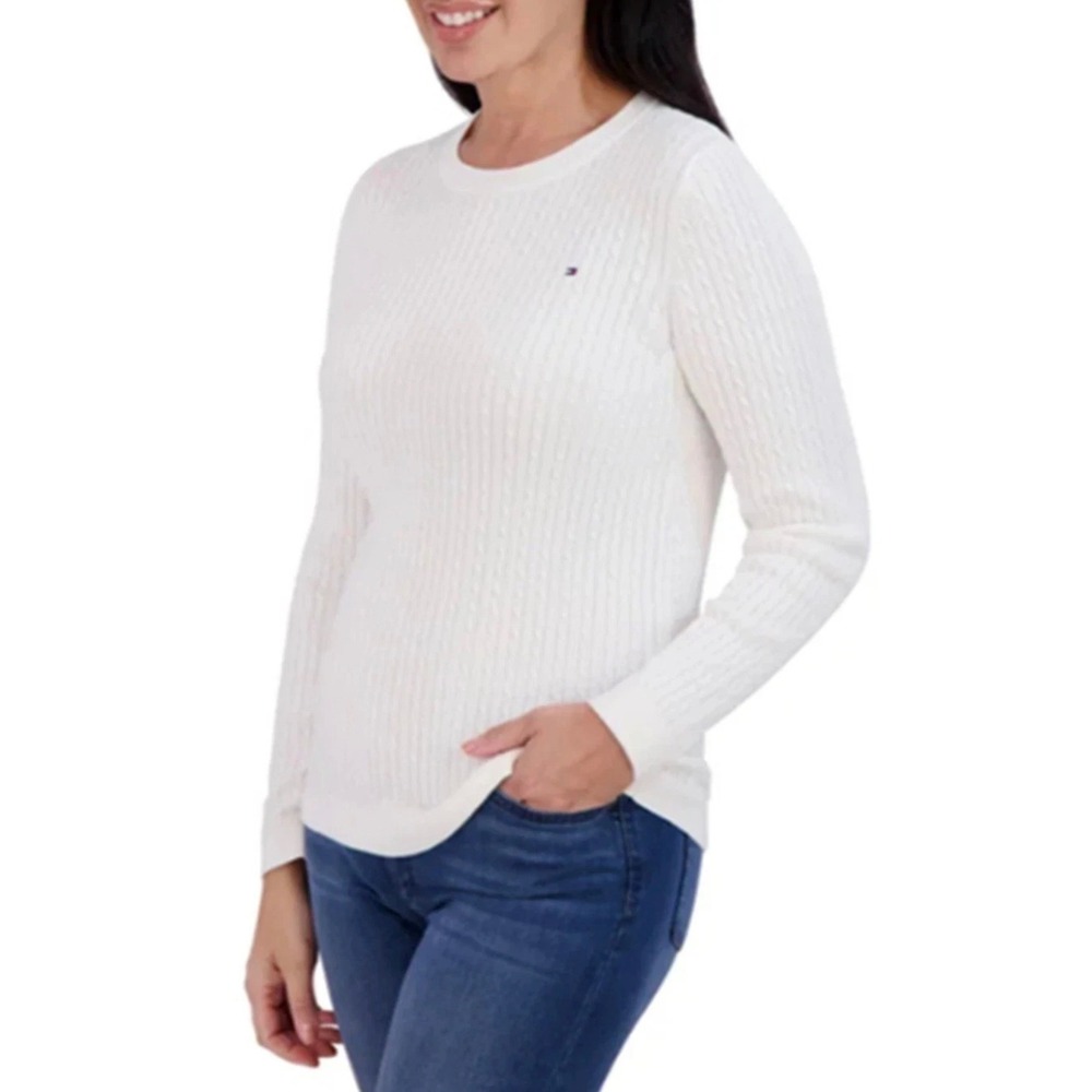 Tommy Hilfiger Womens XXL White Cable Knit Cotton Crew Neck Sweater Prep Classic